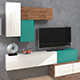 mobila living moderna culoare lemn alb cu stejar rustic si turcoaz