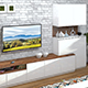 mobila living moderna comoda tv cu vitrina culoare stejar rustic natur si alb lucios